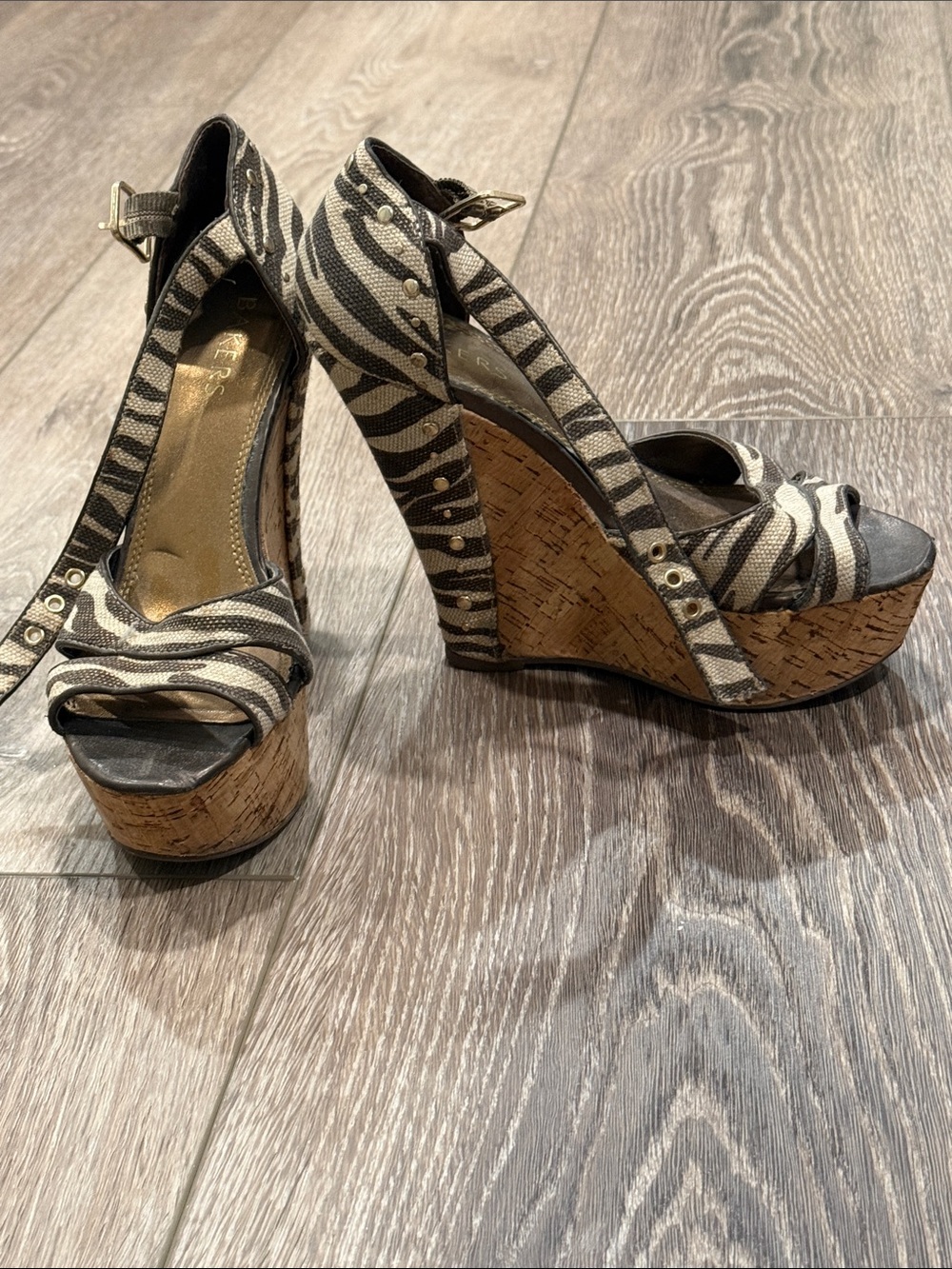 Bakers Black and Cream Zebra-Print Cork Wedge Sandals
